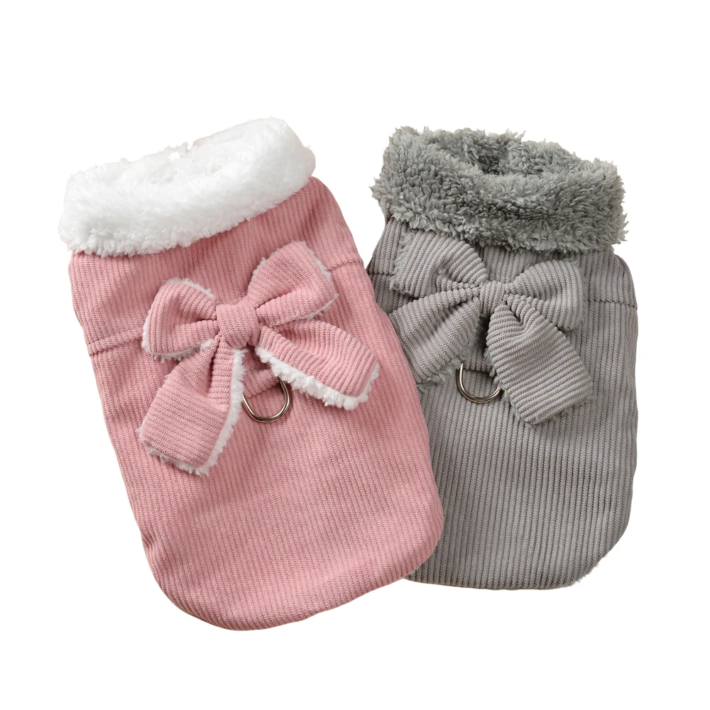 Ropa de invierno para perros pequeños y gatos, chaqueta acogedora de lana para cachorros, abrigo con anillo en D, bonito lazo, chaleco para Bulldog Francés Yorkie, monos - imagen 2