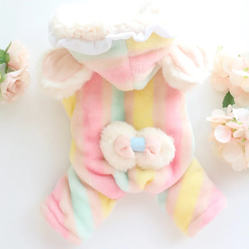 Pantalones de cuatro patas de felpa con lazo de arcoíris para mascotas, ropa de otoño e invierno, mono, abrigo de franela, peluche de princesa grueso, perro pequeño para mascota - imagen 2