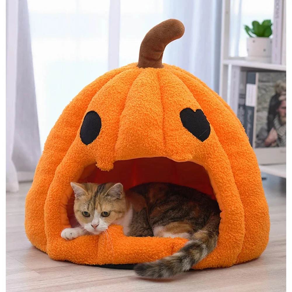 Cama nido calabaza para gatos y perros pequeños – Cueva acogedora con cojín extraíble - imagen 2