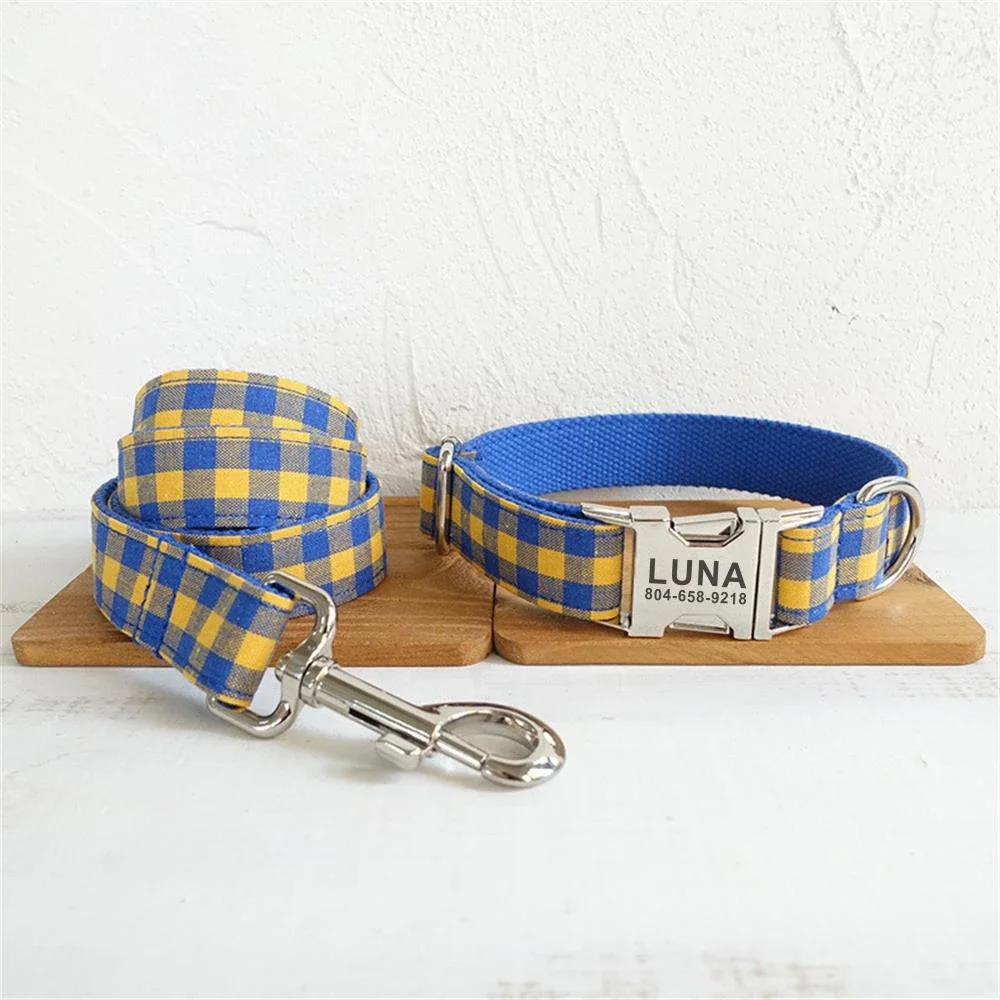 Collar personalizado para mascotas, correa de plomo con placa de identificación, ajustable, azul, amarillo
