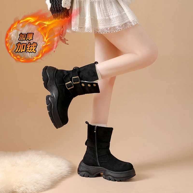 Botas de nieve con hebilla para mujer, botines de invierno con forro de piel cálida a media pantorrilla, botines con suela de orejeta, zapatos para caminar al aire libre de gamuza con plataforma