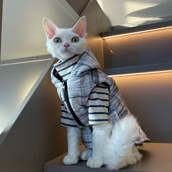 Chaqueta gris a rayas para gato Sphynx – Abrigo invierno con capucha