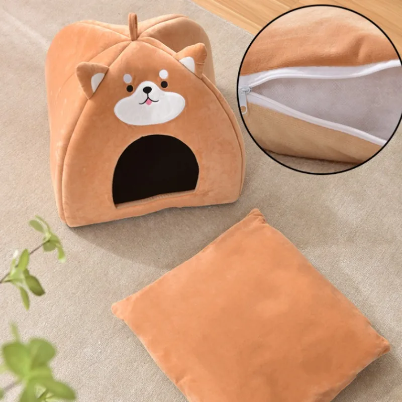 Cama para gatos con forma de Shiba Inu, cama para dormir suave y cálida de pelo corto de felpa para gatos, universal para todas las estaciones, perros pequeños y medianos