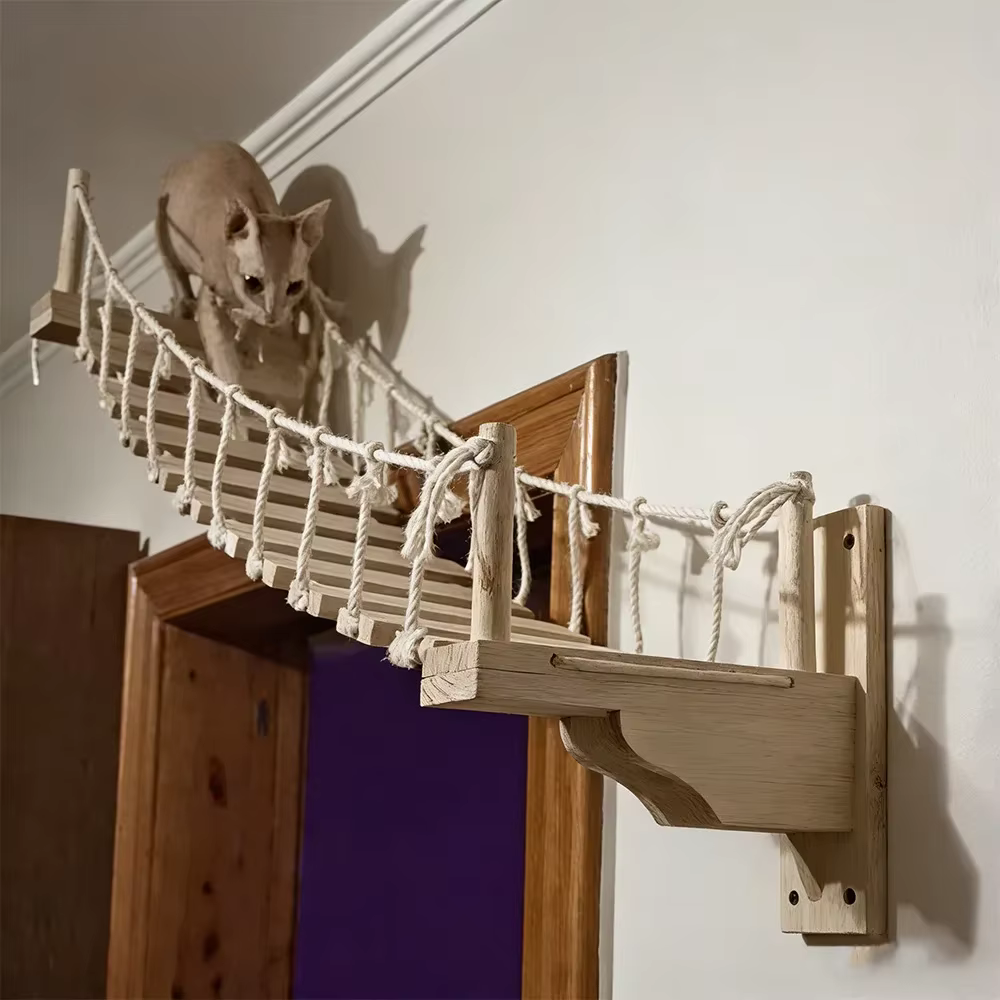 Escalera sisal para gatos de pared con peldaños y puente colgante - imagen 3