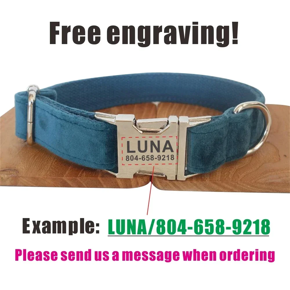 Collar de perro personalizado con grabado gratuito, correa para mascotas a juego, hebilla de Metal de contactos personalizados, Collar para mascotas de terciopelo verde esmeralda - imagen 4