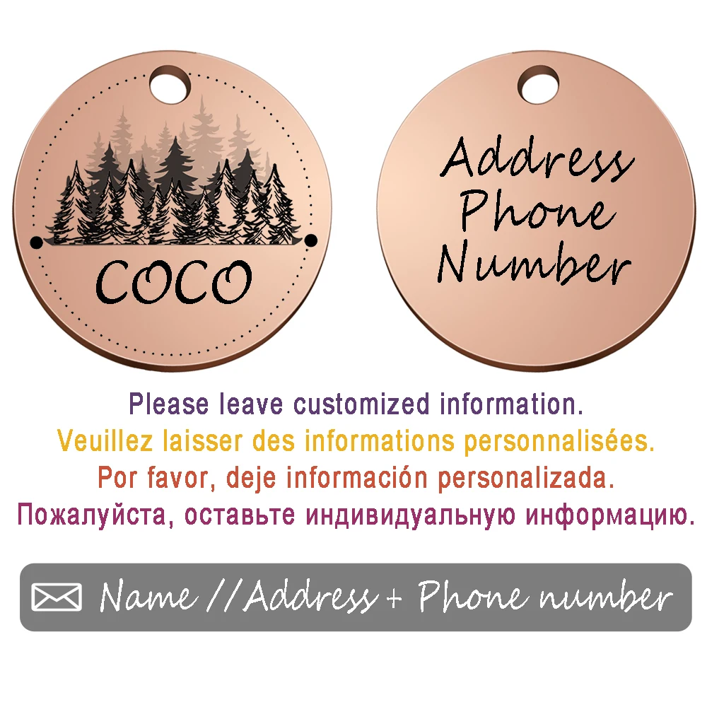 Círculo personalizado etiqueta de identificación de perro Collar patrón bosque gato colgante grabado Collar de mascota cadena encanto suministros - imagen 2