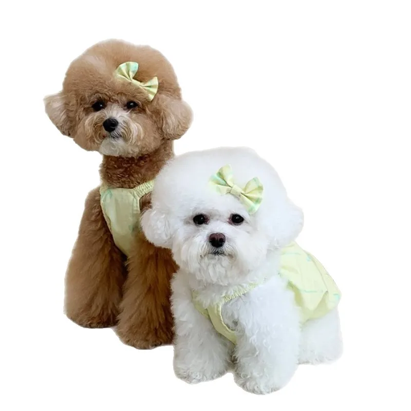 Ropa amarilla con lazo para mascotas, vestido de capas con volantes de encaje blanco para perros pequeños, vestido de fiesta de boda, ropa de princesa con flores para perros y niñas - imagen 5