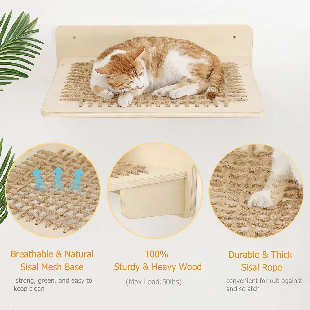 Cama de cuerda de cáñamo de madera maciza, plataforma colgante de madera para dormir para gatos, hamaca para saltar para gatos, superficie hecha de material de cuerda de cáñamo - imagen 3