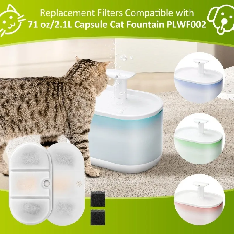 Filtros de fuente de agua para gatos, cápsula de 71oz/2,1 L, fuente para mascotas sin BPA, 4 filtros de repuesto con 4 esponjas de prefiltro - imagen 2