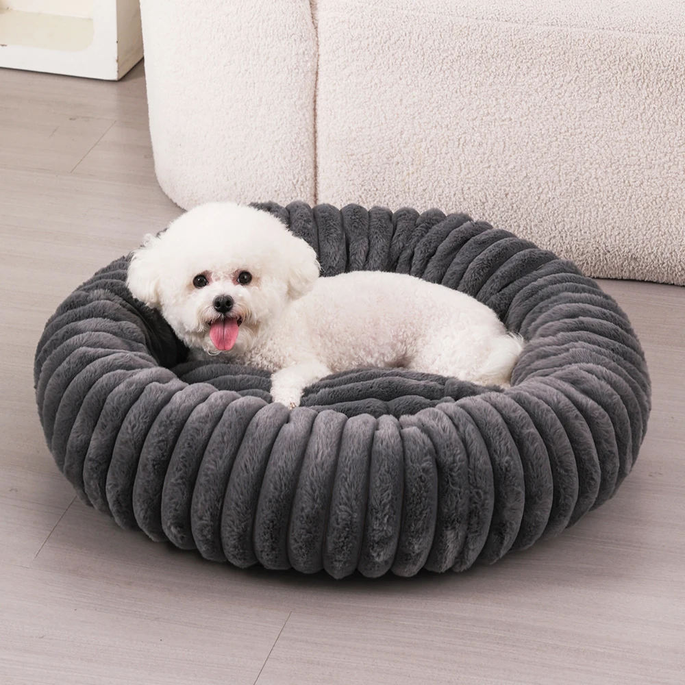 Cómoda cama redonda de relleno completo para gatos pequeños, sofá grande para perros, perrera a rayas, elástica, cálida y suave, accesorios para cama nido para cachorros de invierno