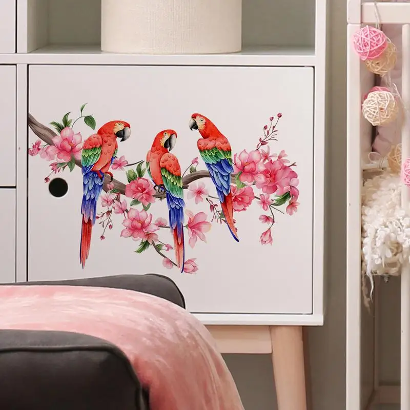 Pegatinas de loro calcomanías de pájaros, murales de arte de pared de flor de melocotón, calcomanías de ventana de pelar y pegar, pegatina de pared de Rama, papel tapiz extraíble - imagen 3