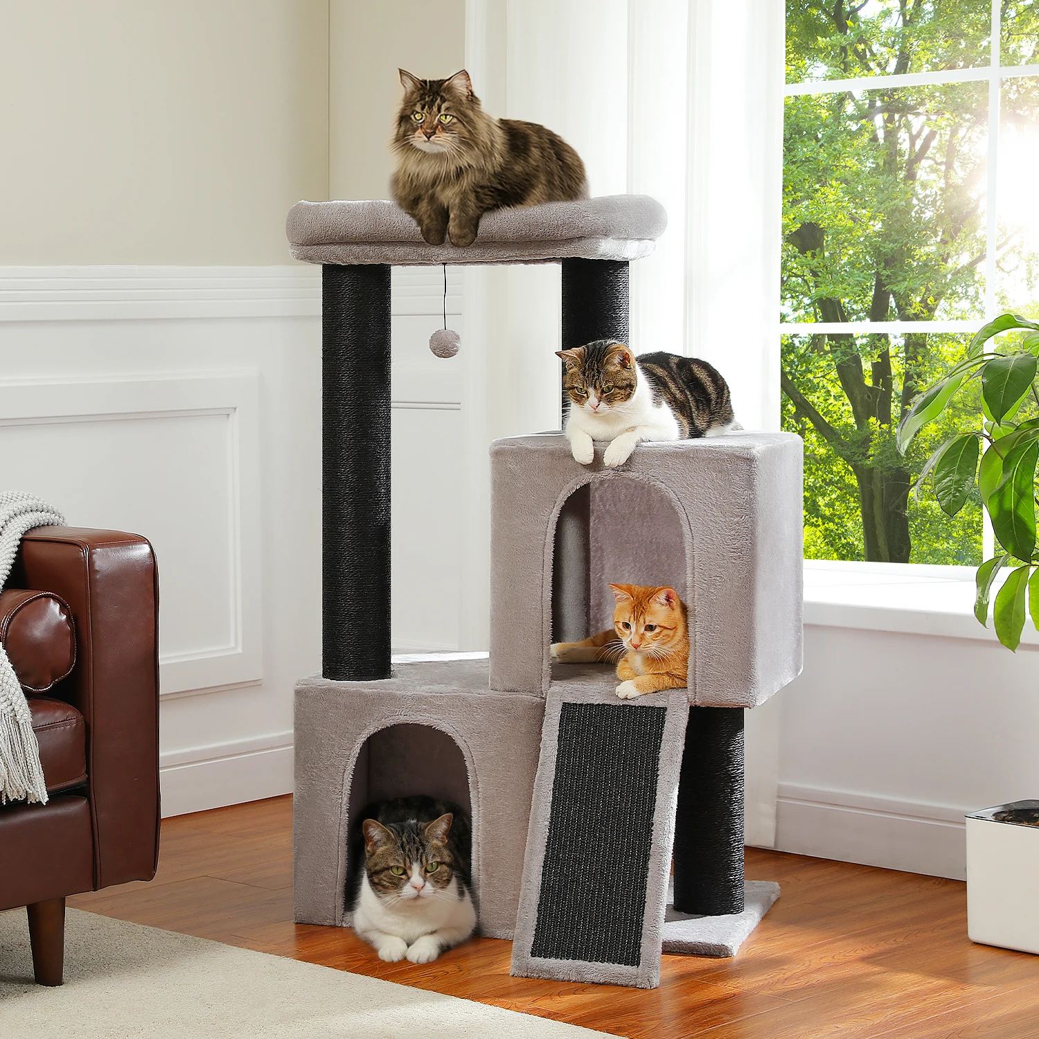 Árbol para gatos resistente con rascadores gruesos y rampa de sisal - imagen 4