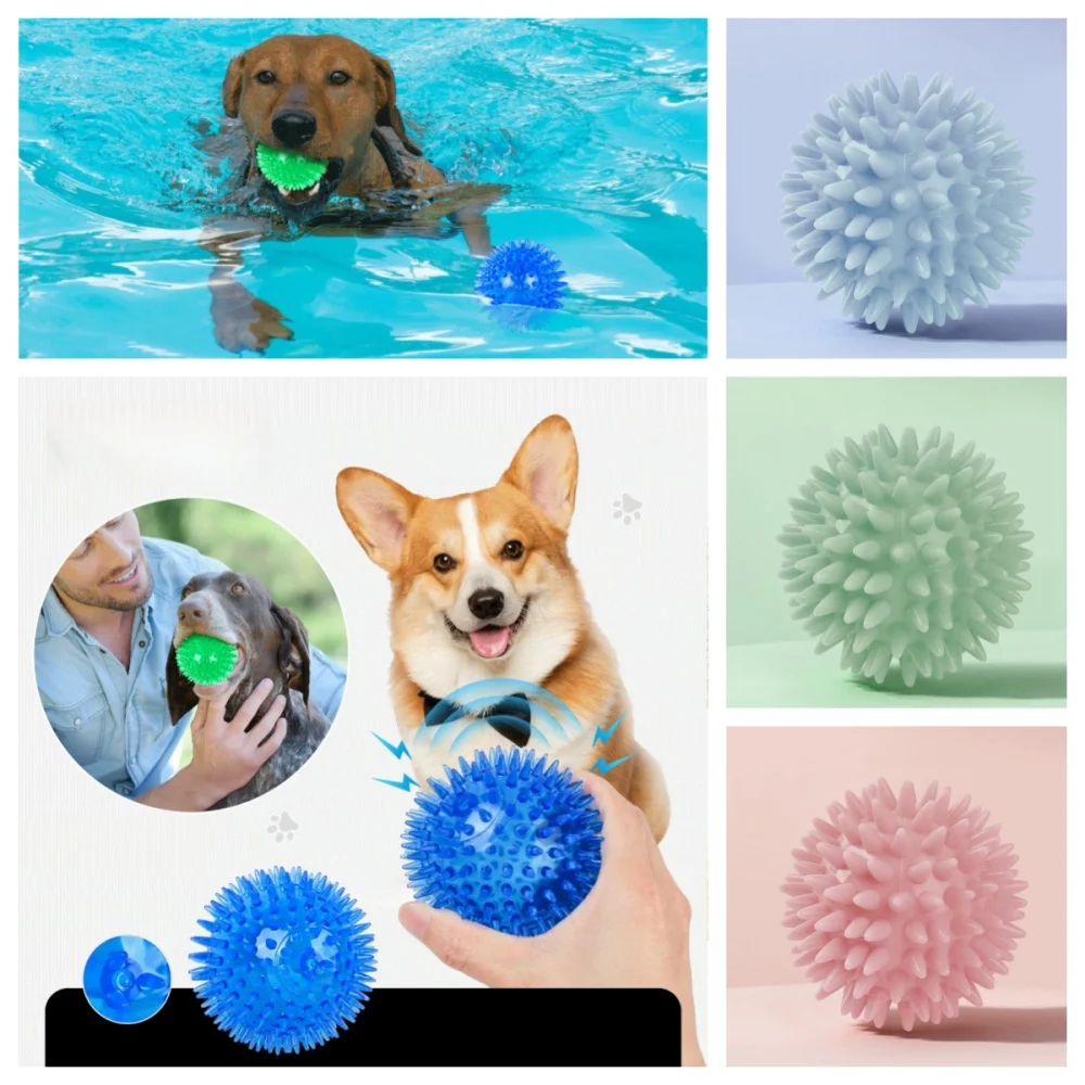 Juguetes para perros y gatos, juguete con sonido para cachorros, Bola de limpieza de dientes chirriantes de lunares, juguete para masticar dientes de entrenamiento TPR, bolas de espina y macarrón