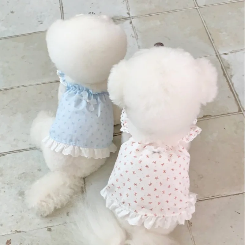 Vestido de encaje de princesa para mascotas, ropa para perros, novedad de verano, vestido para cachorros, falda con tirantes de peluche Yorkshire, chaleco a rayas a la moda para mascotas, Sarees