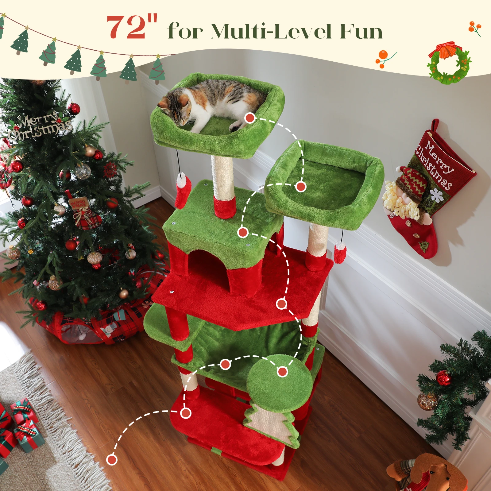 Árbol de Navidad para gatos de interior, torre para gatos de varios niveles con postes rascadores, perchas de hamaca acogedoras, juguetes grandes para gatos Condo - imagen 2