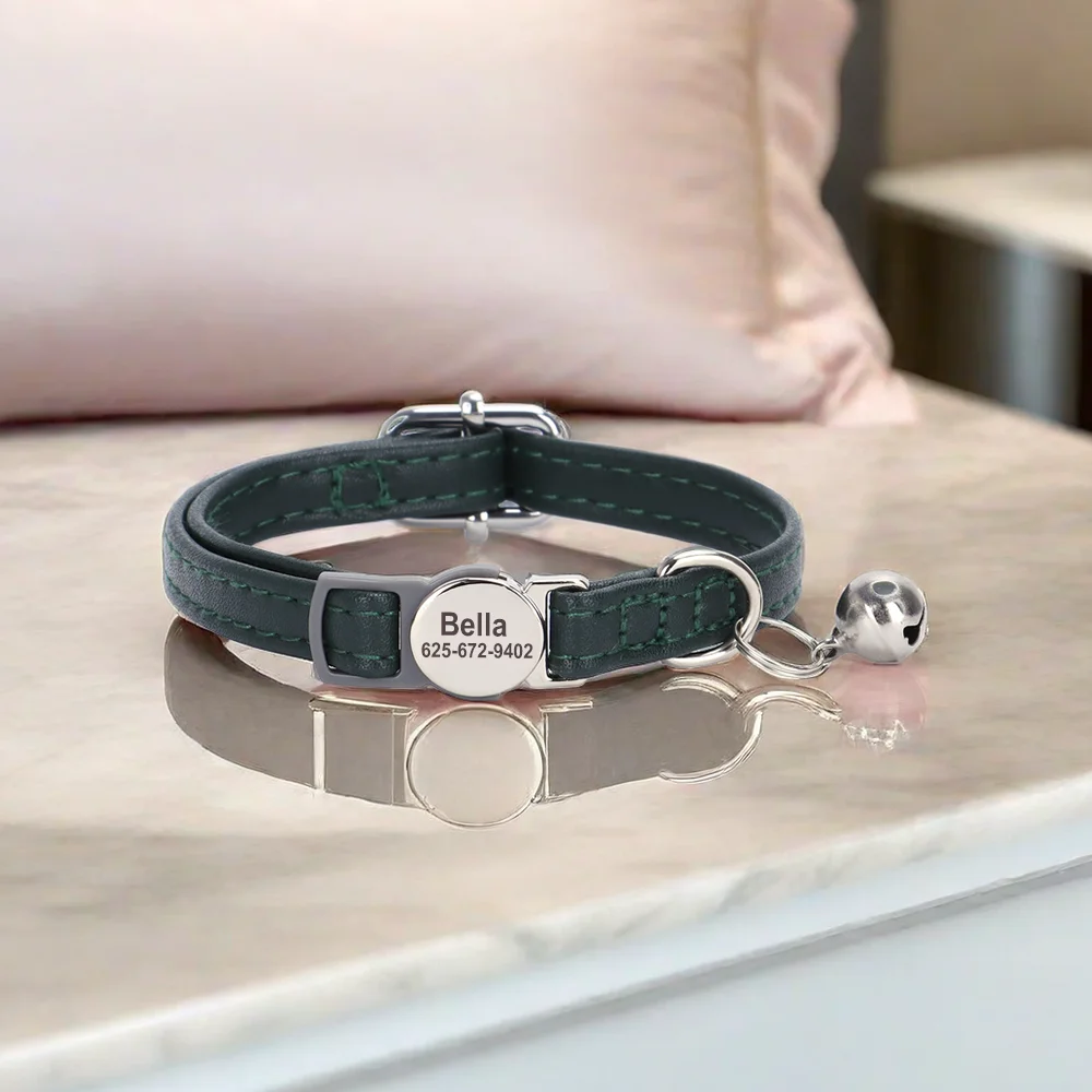 Collar de gato personalizado de cuero PU, collares de liberación rápida para gatos, collares con nombre de identificación de mascota grabados gratis, ajustables para gatos - imagen 4