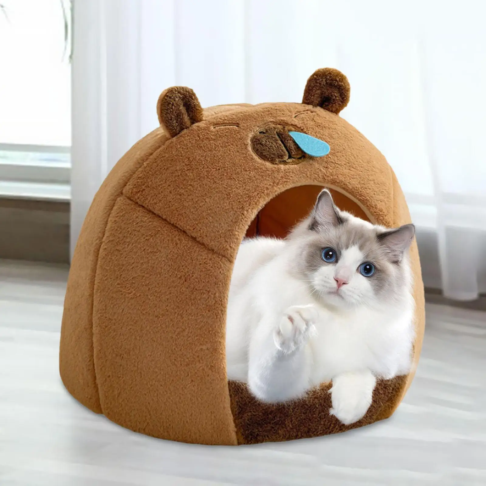 Nido para Gato semicerrado, cama para perros y gatos, forma de Kapibala, perrera portátil autocalentable, suministros para mascotas, casa de cueva para cachorros - imagen 4