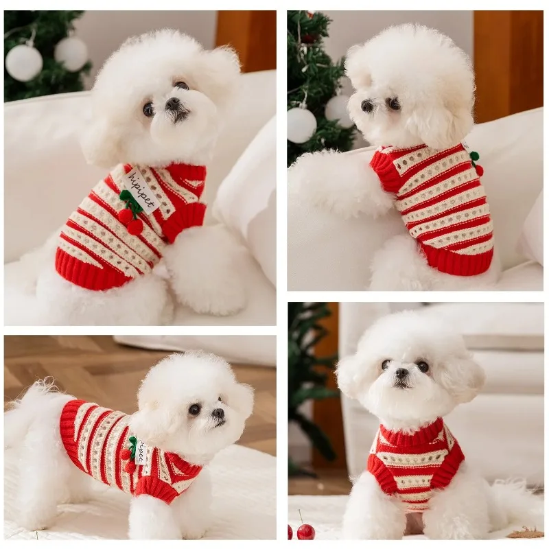 Ropa bonita de cereza para perros, suéter de Navidad para cachorros, ropa para perros, Sudadera con capucha de peluche cálida, suéter de punto para invierno, rayas clásicas - imagen 3
