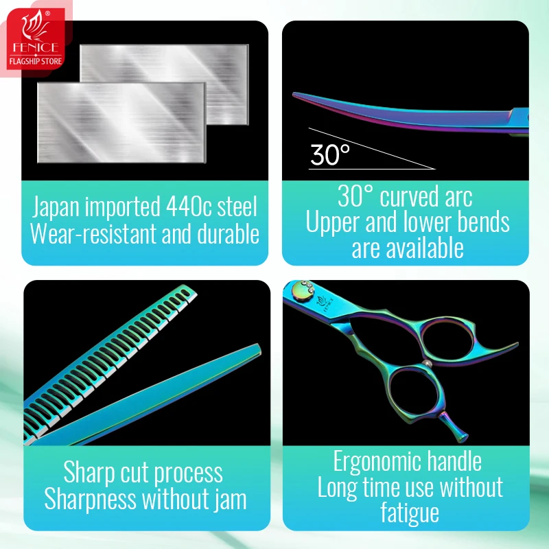 Fenice JP440C 7/7,5 pulgadas profesional mascotas perros tijeras de aseo Kits recto curvo Thinnier Chunker tijeras juego para perros - imagen 3