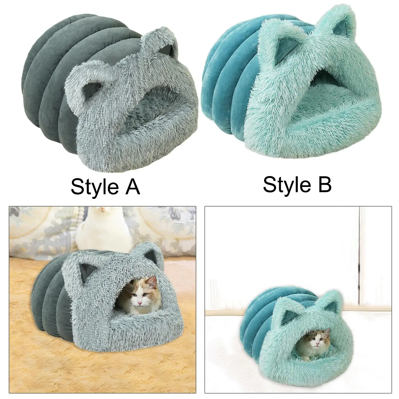 Plush Cat Bed Self Warming Pet Bed Comfortable Semi Enclosed Plush Burrowing Bed Kitten Kitty Shelter for Rabbits Kittens