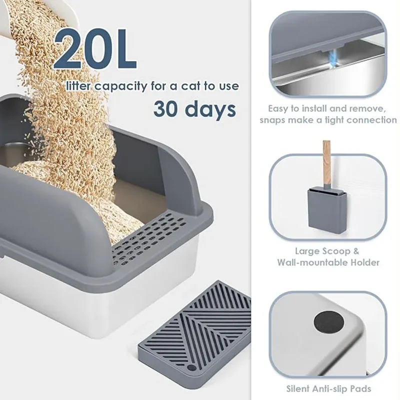 Caja de arena para gatos con Plan semimierto de acero inoxidable, más ancha, más gruesa, fácil de limpiar, gran espacio, antifugas, arena, caja para mascotas, cuchara - imagen 2