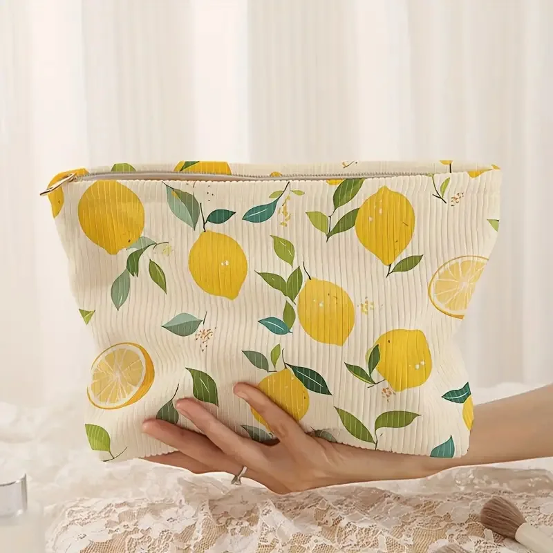 Bolsa de maquillaje con cremallera de pana con estampado floral de diseño minimalista, bolsa de almacenamiento de cosméticos ligera y multifuncional