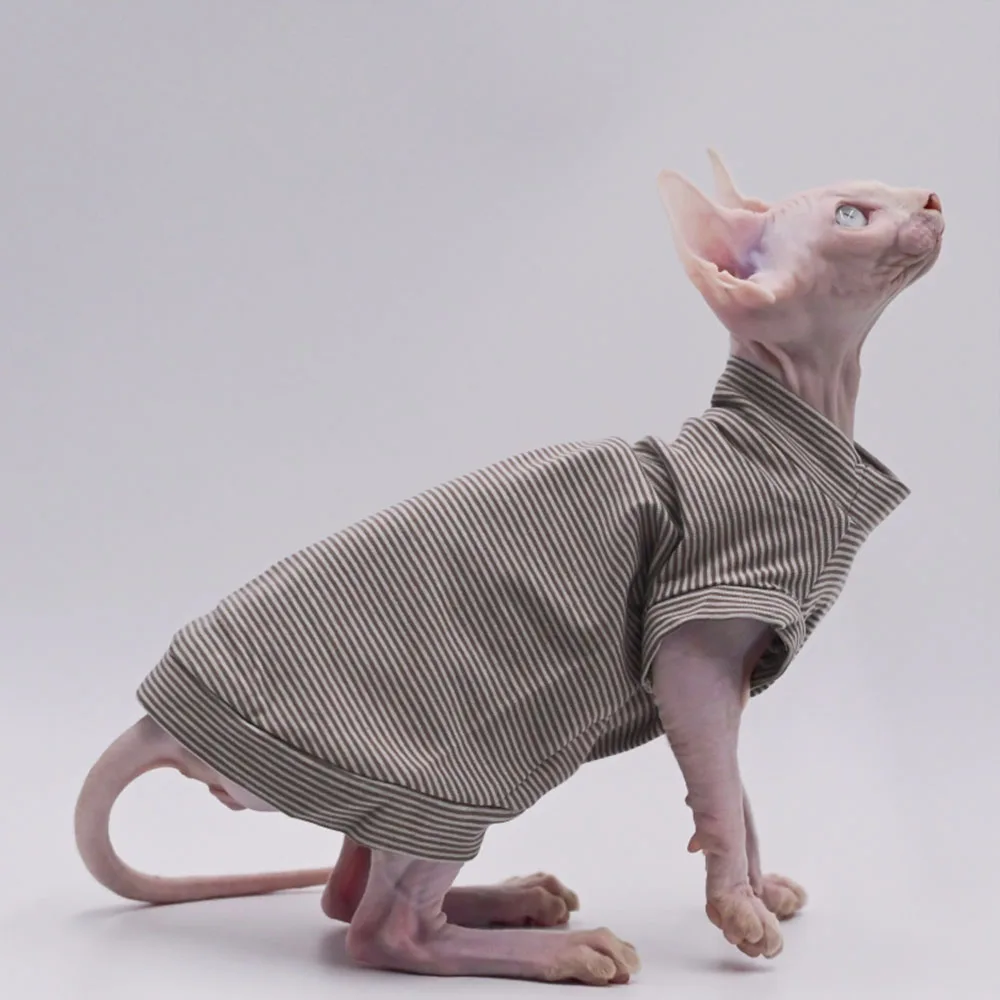 Chaleco de algodón a la moda para gatos Sphynx, ropa de manga corta a rayas marrones para gatitos, abrigo suave para disfraz Devon Rex, primavera y verano - imagen 3
