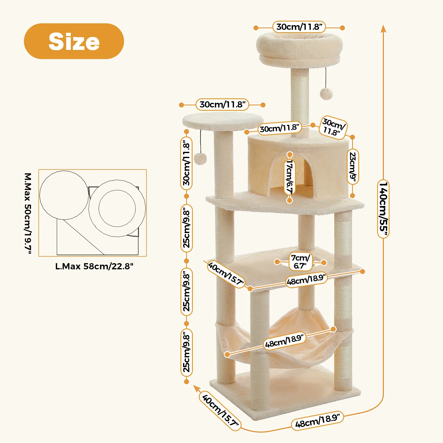 Torre de árbol para gatos de 6 niveles con hamaca súper grande, espacioso condominio, kit antipunta, 2 bolas colgantes, 4 postes rascadores de sisal natural - imagen 2