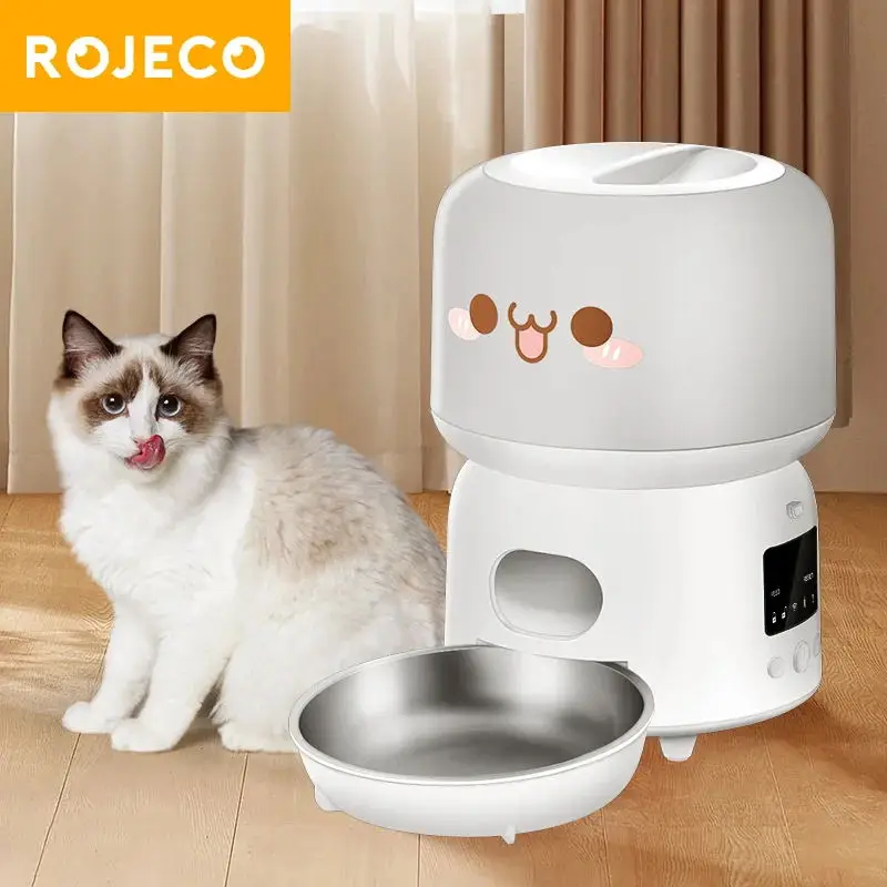 ROJECO Alimentador automático para mascotas, dispensador inteligente de comida para gatos, versión con botón WiFi, lindo Alimentador automático para perros y gatos, alimentación con Control remoto, 3L