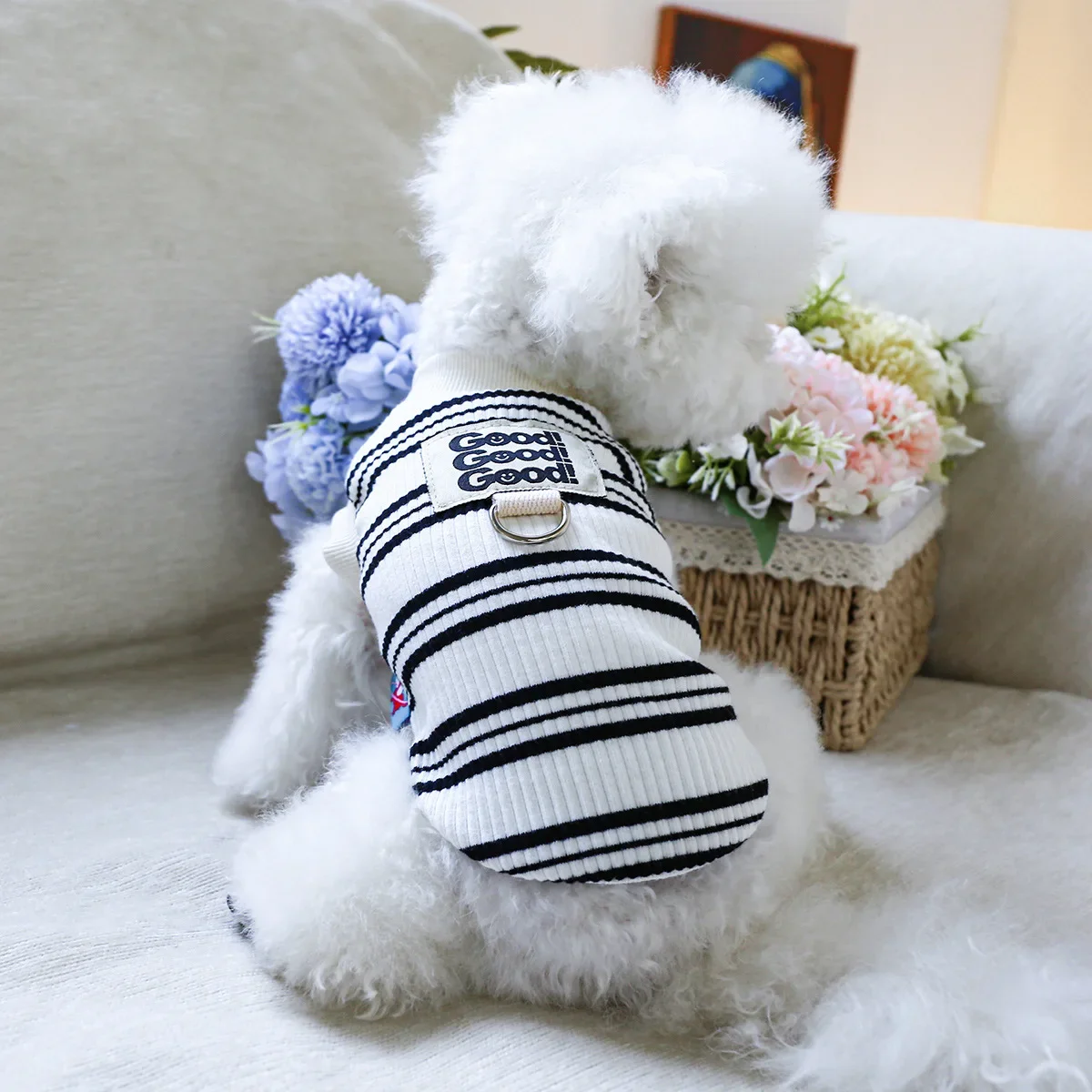 Camisa Base a rayas para mascotas, ropa para el hogar para primavera y otoño, pijamas, chaleco a rayas, ropa para cachorros, ropa para gatos para perros pequeños - imagen 2