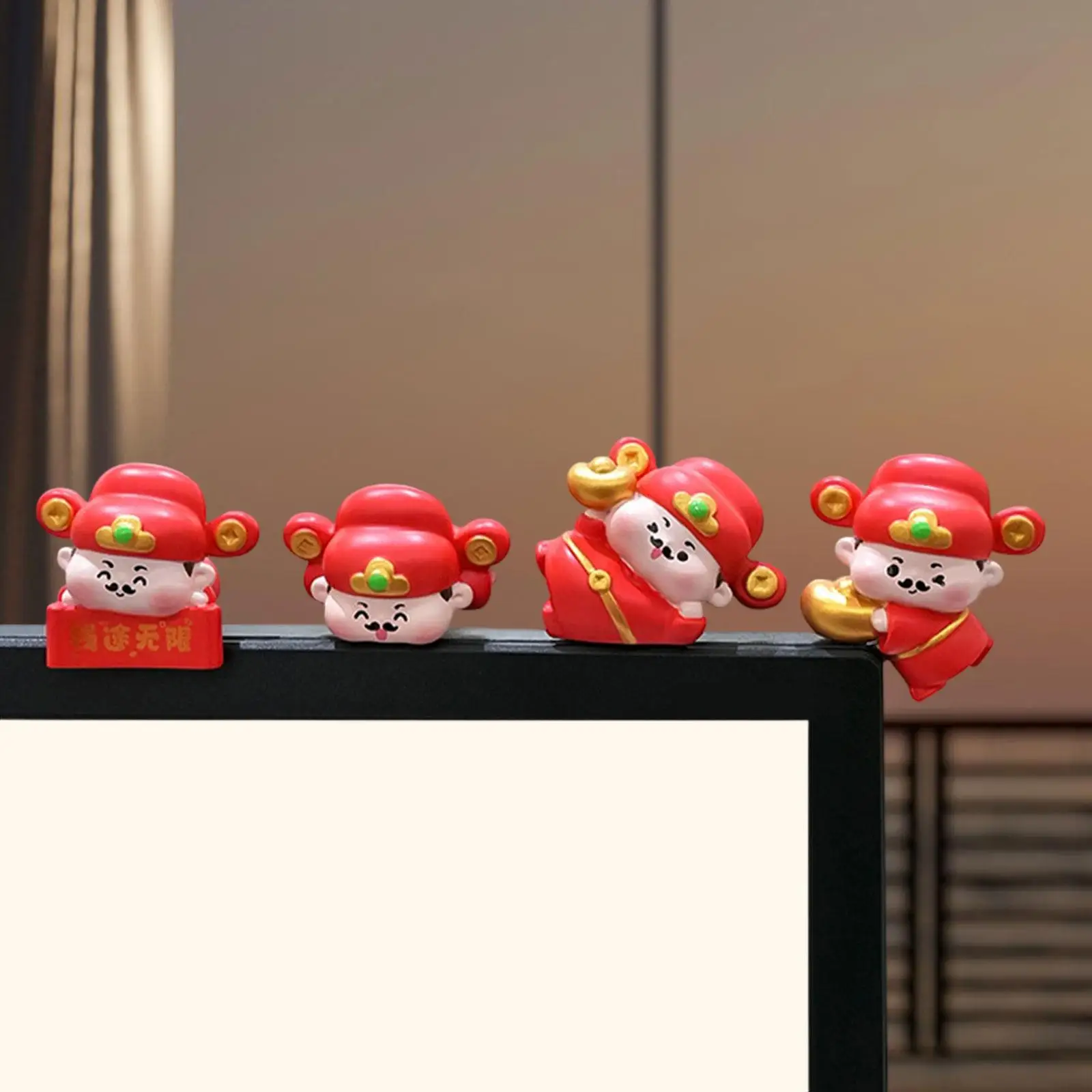 4 Pieces Mini God of Wealth Statues Creative Funny Small Sculptures Computer Monitor Decoration Ornaments for Desk Home Desktop