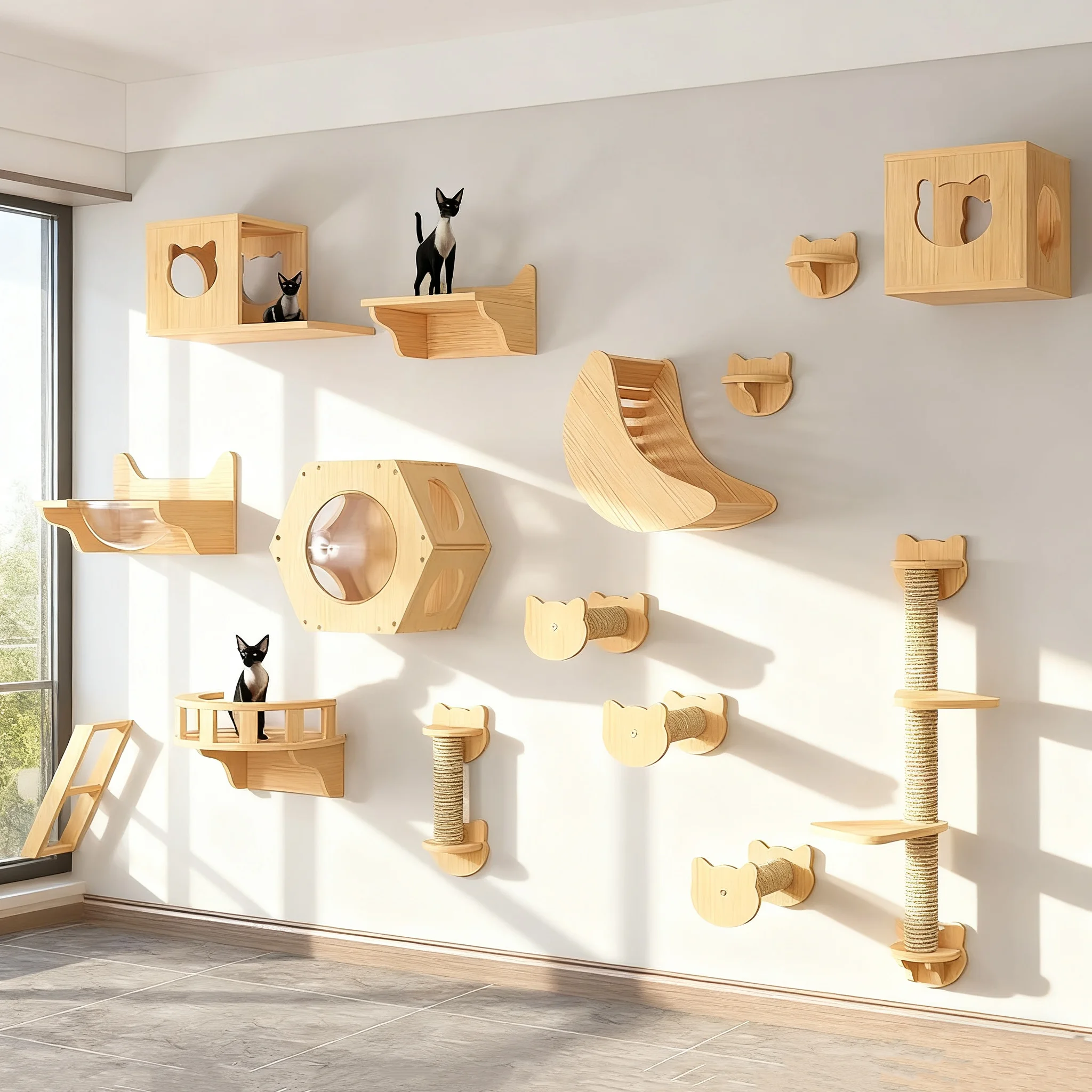 Estantes de escalada de madera para gatos, árbol para gatos montado en la pared, poste rascador de Sisal, hamaca con Pedal, parque infantil para gatos, accesorios para gatos - imagen 5