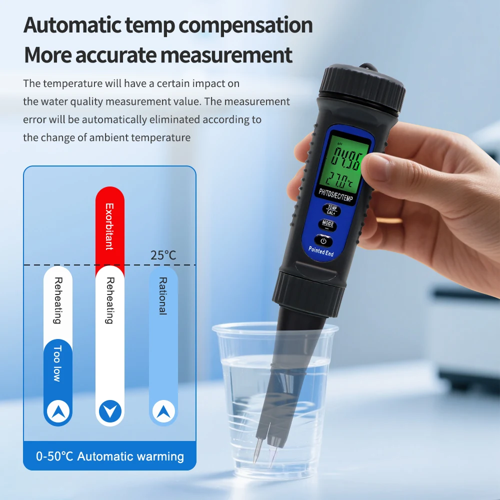 Medidor de PH de alimentos portátil LCD Digital carne masa fruta queso suelo acidímetro 4 en 1 PH TDS EC temperatura extremo puntiagudo probador de alimentos - imagen 5