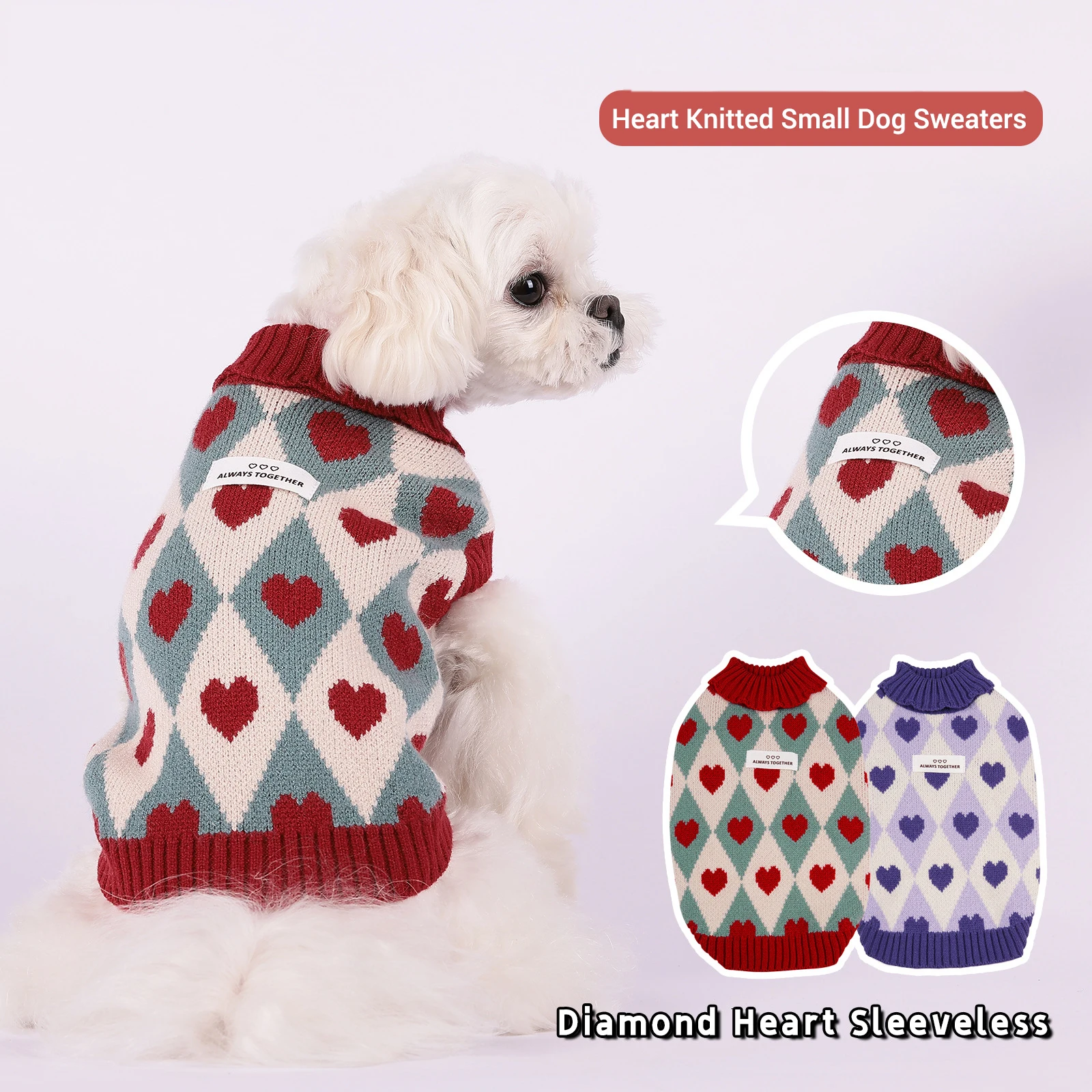 Suéter para perro, ropa cálida de invierno para perros pequeños, bonito patrón de corazón de diamante, suéteres tejidos para cachorros, abrigo de cuello alto para Chihuahua Yorkie - imagen 2