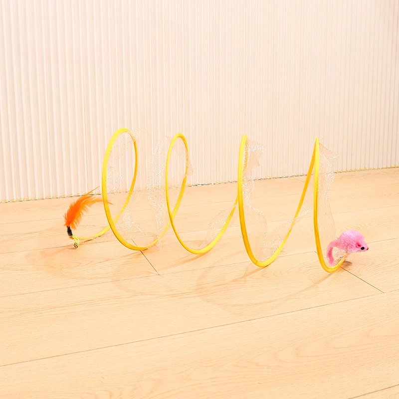 Tubo de túneles plegable para gatos con plumas, suministros interactivos portátiles para interiores para mascotas, juguetes para cachorros y gatitos, artículos de túnel plegables - imagen 4