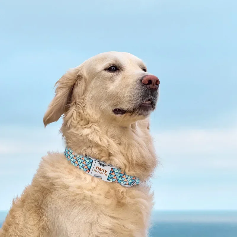 Collar de nailon a cuadros para perros Unisex, collares personalizados para perros pequeños y grandes, etiqueta de identificación con nombre grabado gratis - imagen 3
