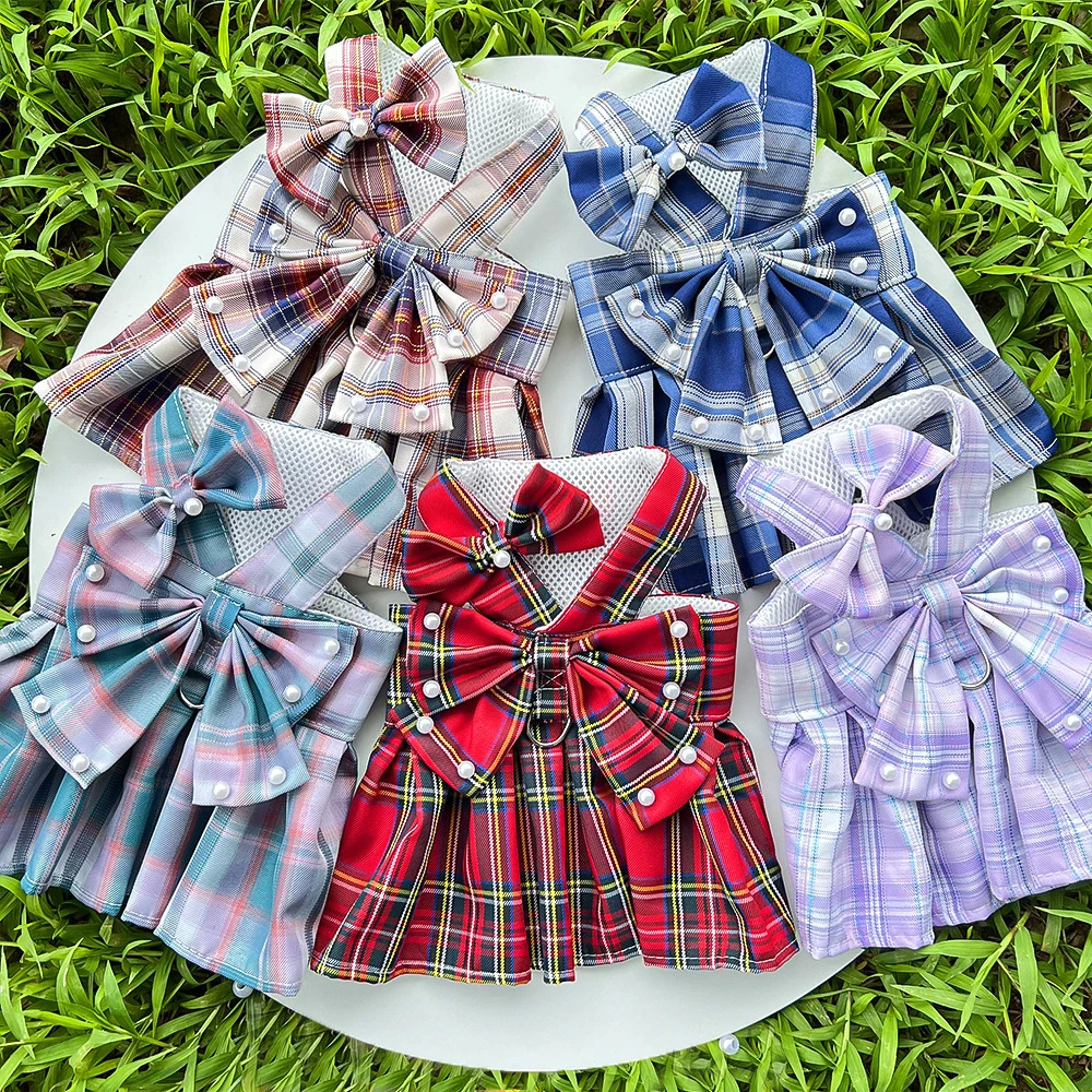 Conjunto de arnés y correa para mascota, vestido a cuadros para perro, gato y perro, disfraz de fiesta de vacaciones, ropa para mascotas con lazo, vestidos de princesa para cachorros, Verano - imagen 4