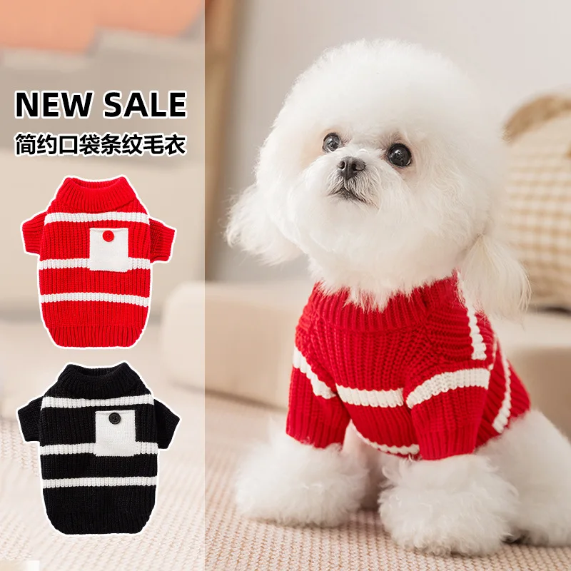 Otoño e Invierno suéter a rayas bolsillo dos piernas suéter cálido gato perro pequeño ropa de peluche ropa para perros pequeños