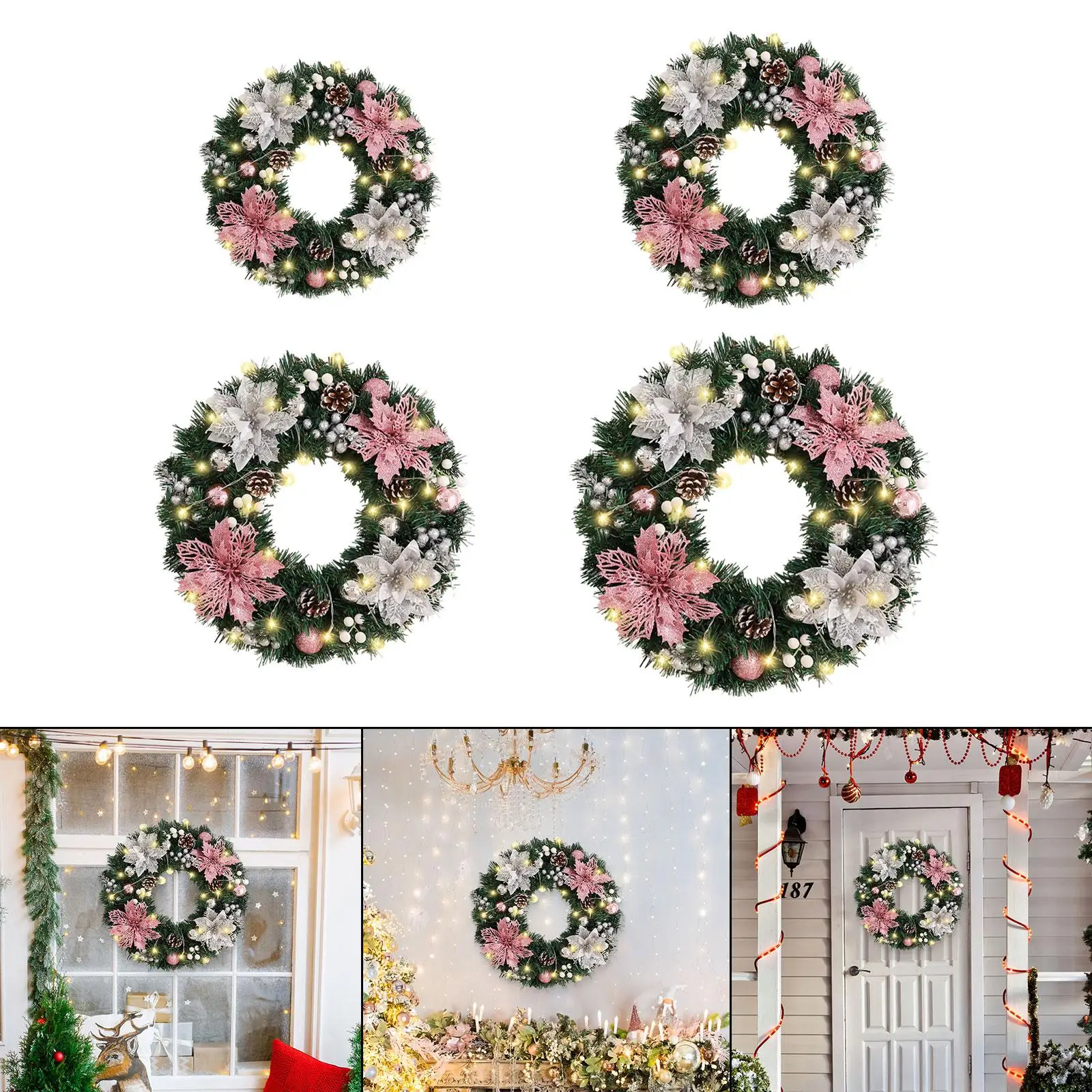 Corona navideña con luz, colección redonda de invierno para vacaciones, corona de cono de pino exterior, decoración colgante, guirnalda de pino Artificial - imagen 3