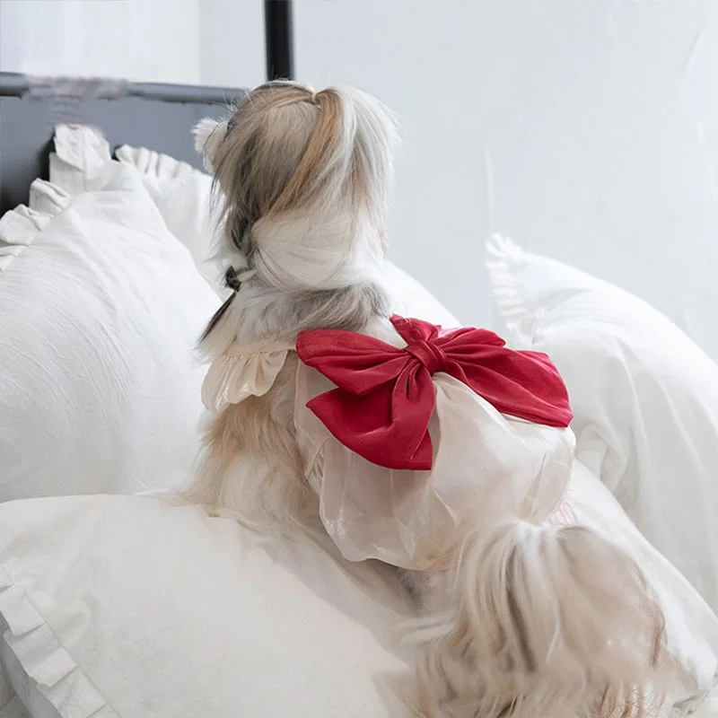 Ropa de primavera y verano para perros y niñas, vestido de princesa para gatos, falda con lazo para perros pequeños y medianos, ropa para perros Pugby Bear Schnauzer - imagen 2