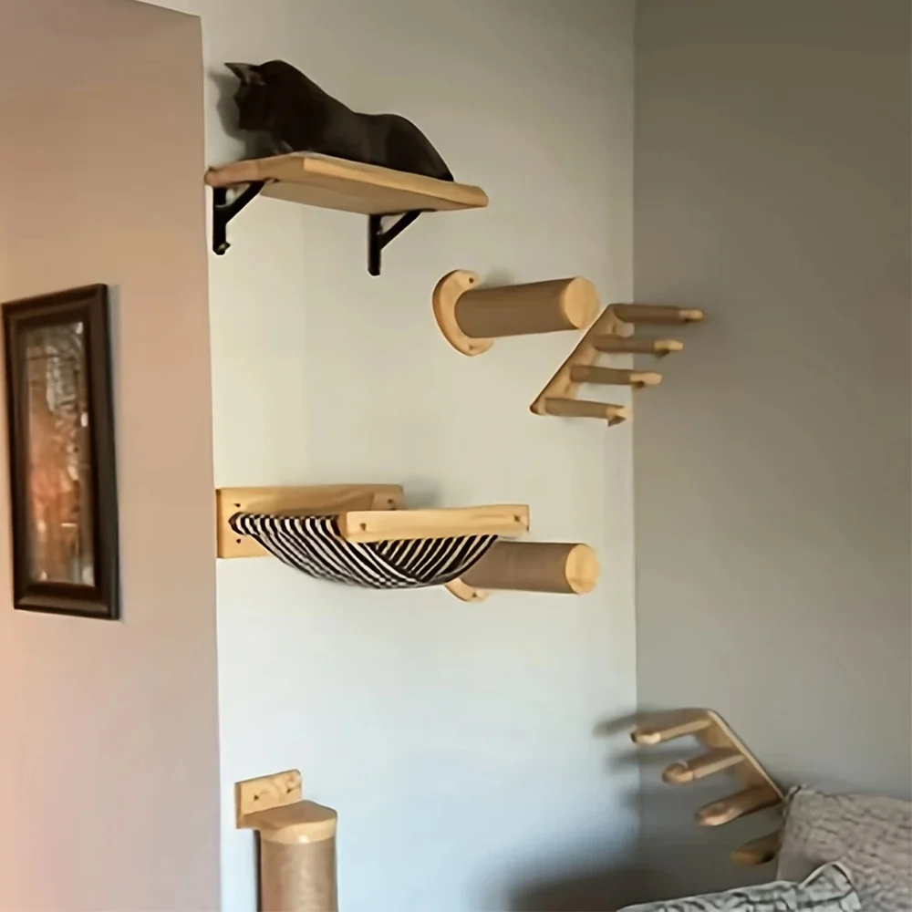Centro de actividades para gatos montado en la pared Estantes de madera para gatos Columnas rascadores y cuerda de escalada para gatitos y gatos adultos para escalar