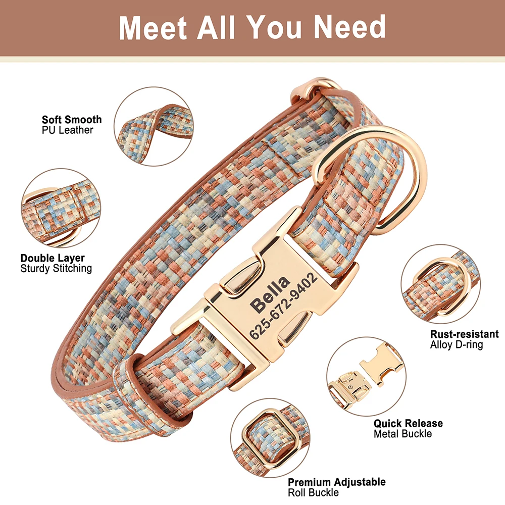 Collar de cuero personalizado para perros, collares a cuadros personalizados para mascotas con lazo para perros pequeños, medianos y grandes, accesorios grabados gratis - imagen 4