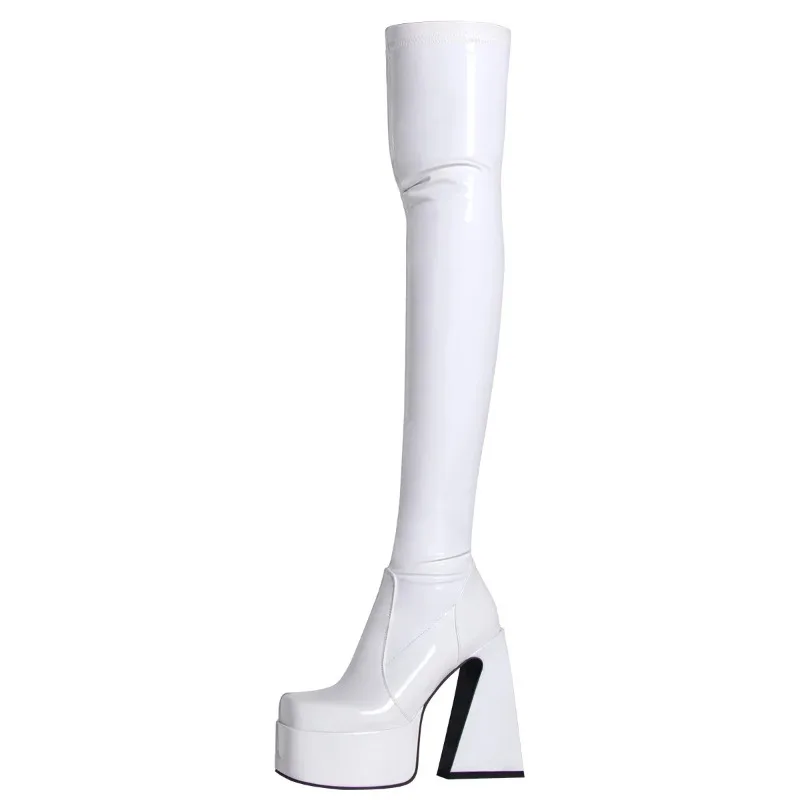 Botas altas hasta el muslo con tacones altos piramidales negros para mujer, zapatos de fiesta por encima de la rodilla blancos con plataforma Sexy, talla grande 43 de alta calidad - imagen 4