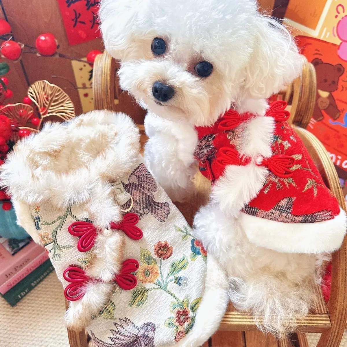 Vestido con cuello de felpa para otoño/invierno para mascotas, abrigo bordado de Año Nuevo para mascotas, abrigo de Navidad de peluche, ropa para perros pequeños