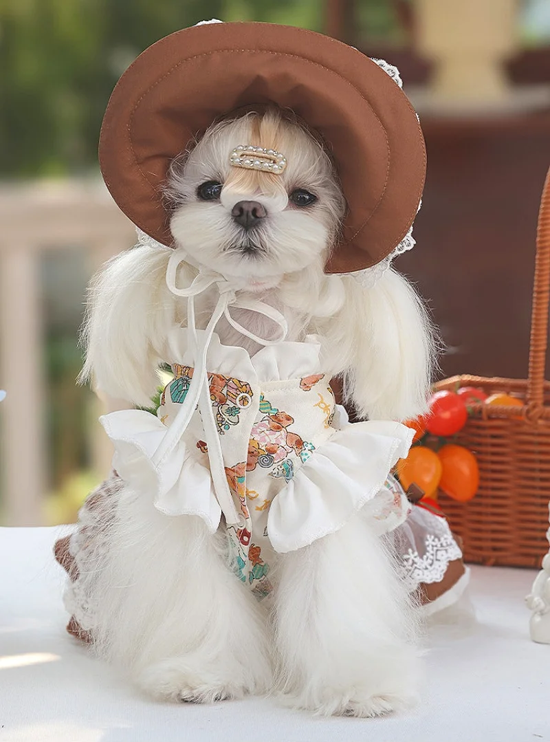 Vestido para mascotas de inspiración vintage con sombrero, vestido para mascotas con adornos de encaje y sombrero a juego, falda de tul para mascotas, vestido tutú para mascotas, ropa de fiesta para perros - imagen 3