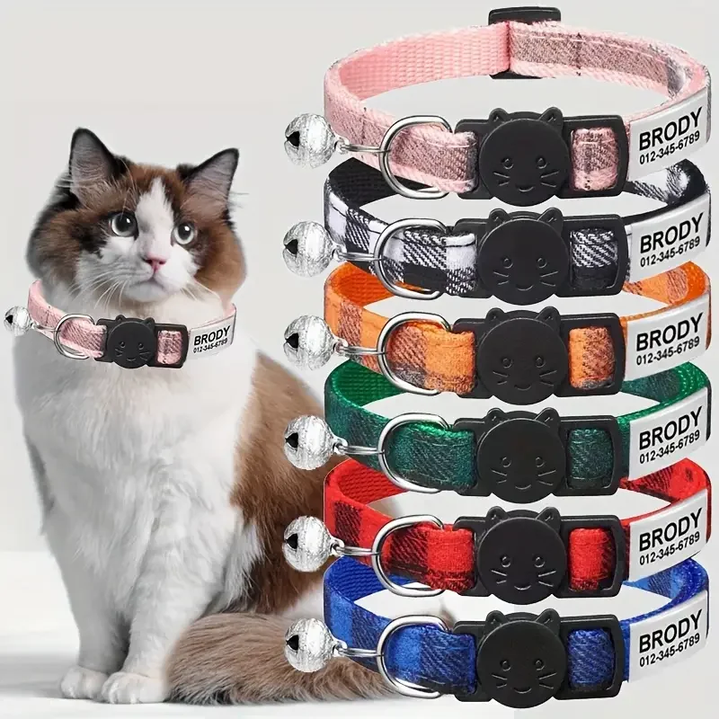 Collar de gato de nailon personalizado, patrones a cuadros, campana, accesorios de seguridad ajustables para gatitos, etiqueta de identificación separable, Collar pequeño para cachorro