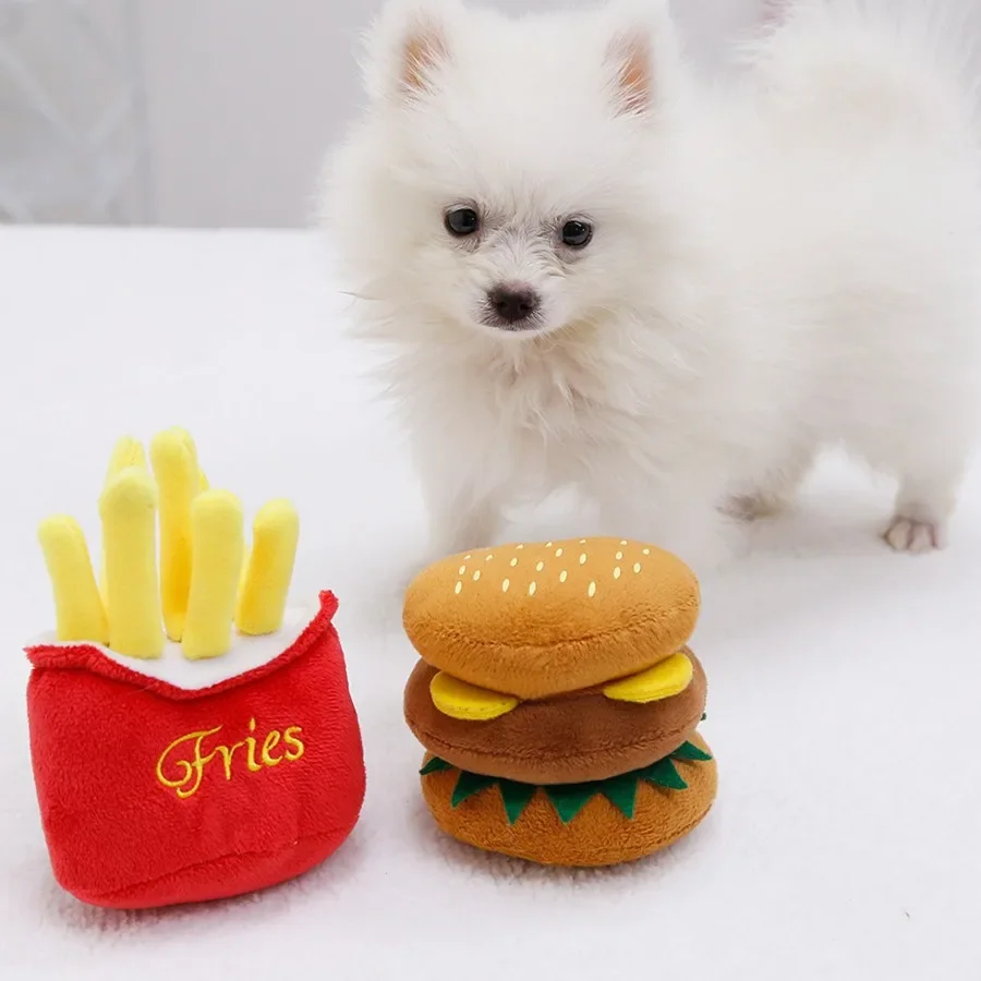 Juguetes de peluche para mascotas, hamburguesas de Pizza, juguetes con sonido para mascotas, suministros para mascotas resistentes a mordeduras y moler, accesorios para perros Pomerianos para cachorros - imagen 4