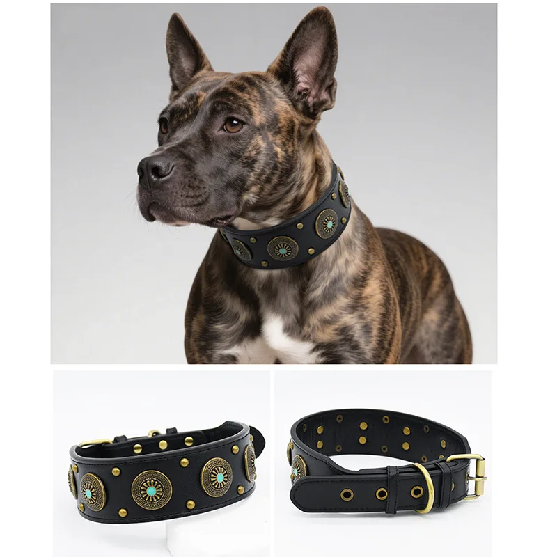 Collares para perros grandes y medianos con remache, Collar para perros con tachuelas ajustables, Collar ancho de cuero PU con pinchos Vintage - imagen 2