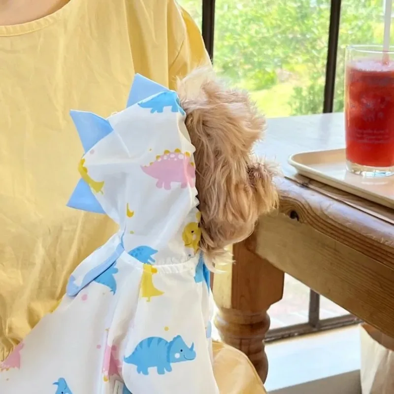 Ropa a prueba de lluvia para cachorros y dinosaurios, ropa a prueba de salpicaduras para perros, Teddy Bichon, estilo de dibujos animados, camisa con botones abiertos, ropa de dos piernas - imagen 5