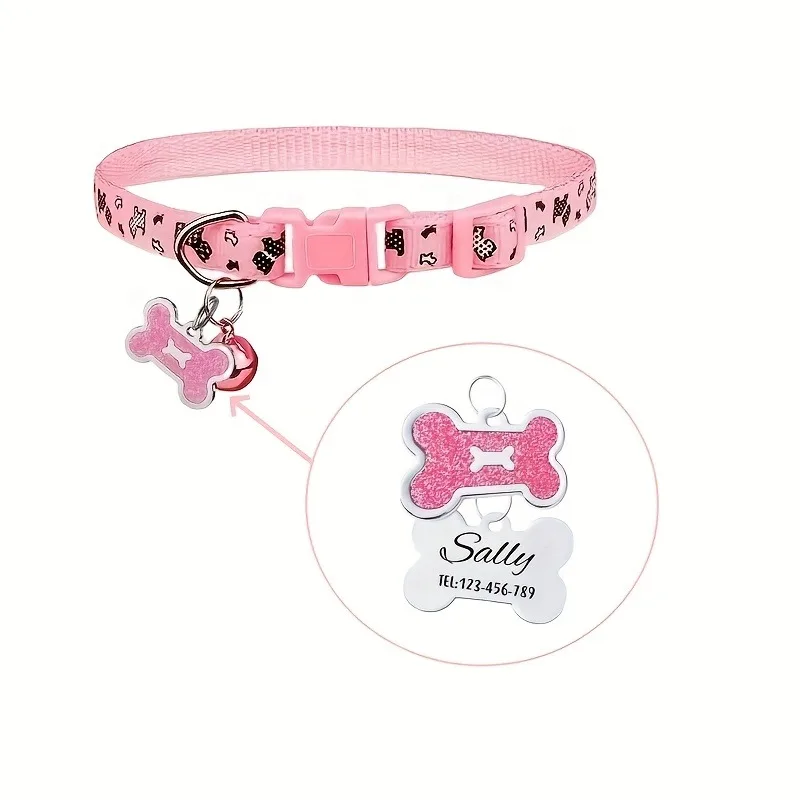 Collar de gato personalizado con nombre grabado y número de teléfono, etiqueta de identificación, patrón de hueso con estampado de pata brillante ajustable para perros pequeños y gatos